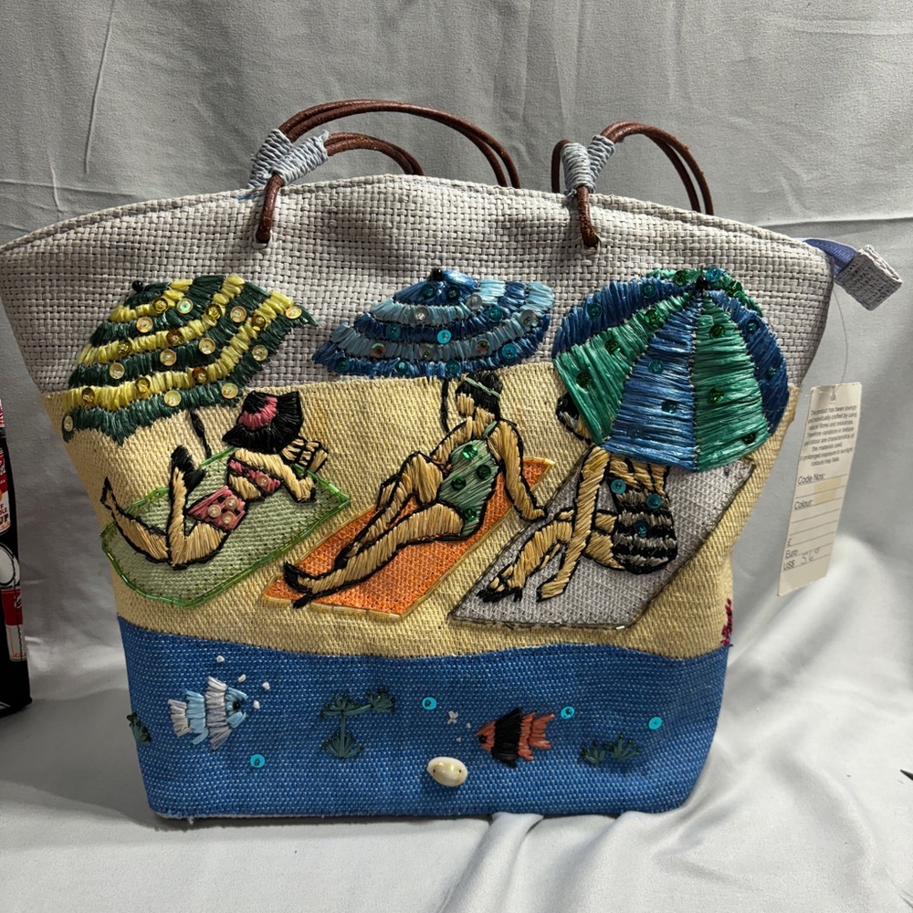 NWT blue beach bag purse ladies umbrellas sequins light blue green orange